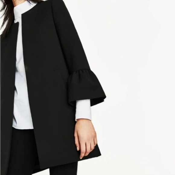 ZARA Bell Sleeve Collarless Coat Long Black Jacket - Picture 2 of 12